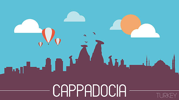 Cappadocia Turkey skyline silhouette Cappadocia Turkey skyline silhouette flat design vector illustration cappadocia balloon stock illustrations