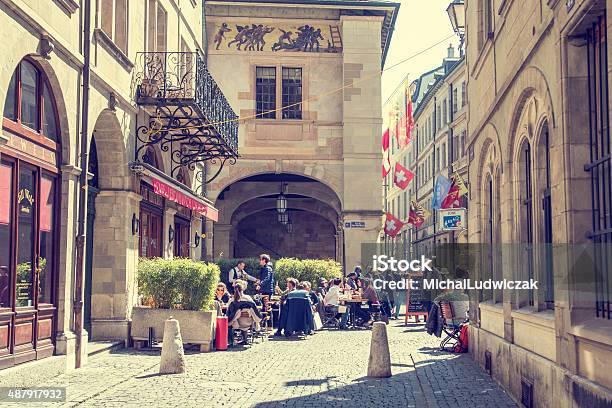 Old Town And Restaurand In Geneva Switzerland Stock Photo - Download Image Now - Geneva - Switzerland, Street, Restaurant