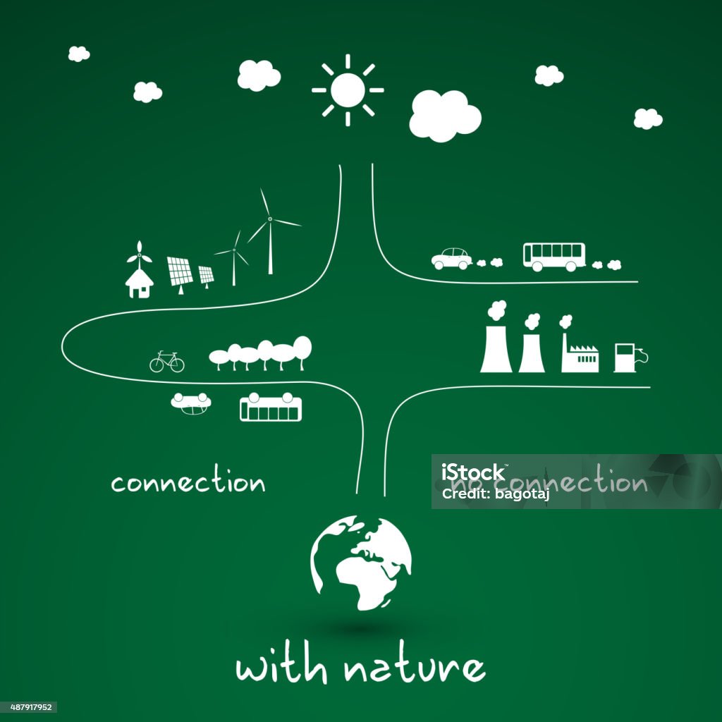 Connection with Nature - Eco Infographic Design Green Eco Infographics Design Template, Renewable Energy Concept with Factory, Transportation, Bus, Bicycle, Earth Globe, Carbon and Solar Power Plant, Trees and Windmills - Illustration in Freely Editable Vector Format Fossil Fuel stock vector