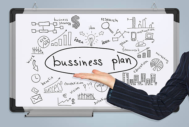 istock Woman hand in suit and business plan 487917973