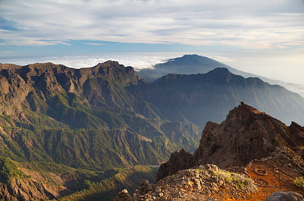 View over the rough rock walls of the Caldera de Taburiente from Roque de los Muchachos in La Palma, Spain. 