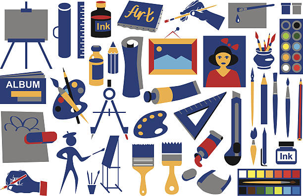 ilustraciones, imágenes clip art, dibujos animados e iconos de stock de atributos de iconos de arte - paint gouache paintbrush wallpaper brush