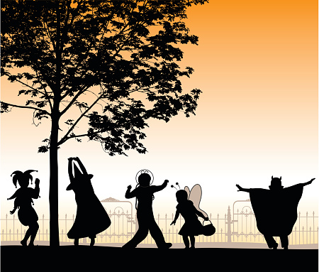 A vector silhouette illustration of children dressed up for Halloween.  Their costumes include a clown, witch, spaceman, butterfly, and devil.