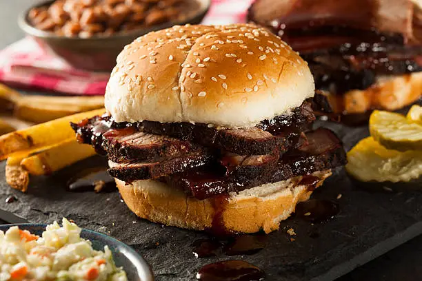 Smoked Barbecue Brisket Sandwich with Coleslaw and Baked Beans