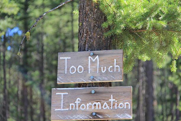 Too Much Information A horizontal image of a homemade sign in a forest. information overload photos stock pictures, royalty-free photos & images