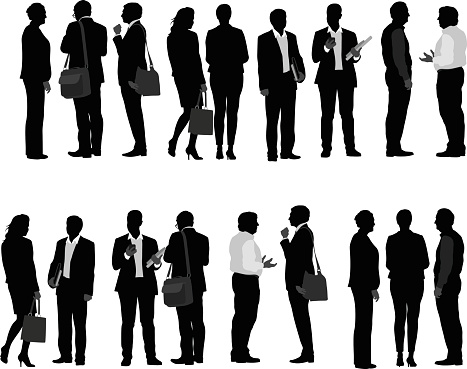 A vector silhouette illustration of many business men and business women.