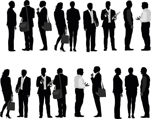 Business People Talking A vector silhouette illustration of many business men and business women. business people silhouette stock illustrations