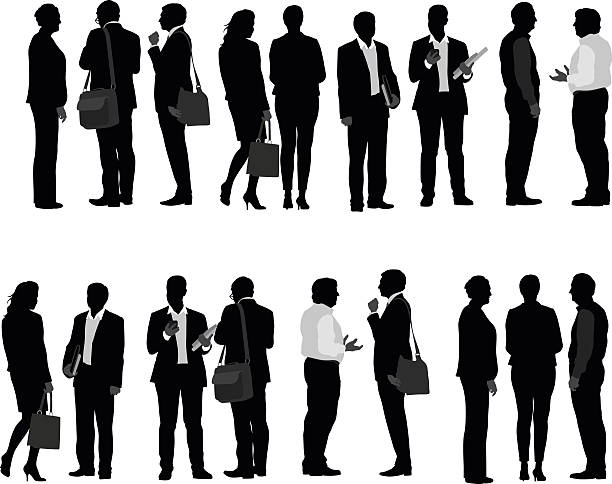 Business People Talking A vector silhouette illustration of many business men and business women. body talk stock illustrations