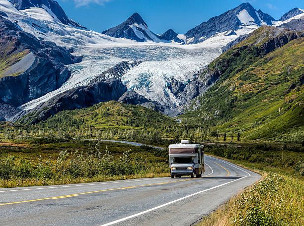 RV at Worthington Glacier An RV travels along the Richardson Highway in Alaska.  In the background is Worthington Glacier. prince william sound photos stock pictures, royalty-free photos & images
