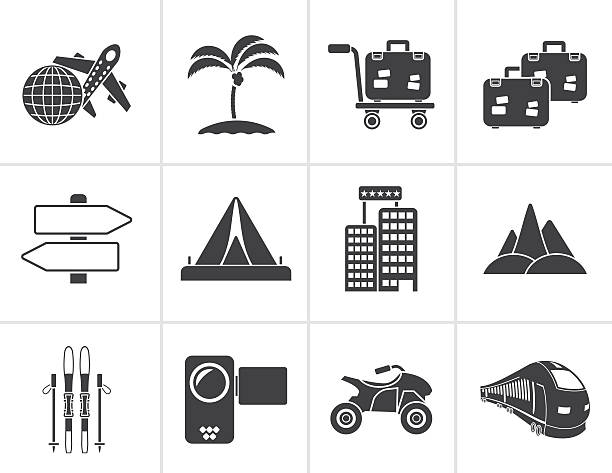 illustrations, cliparts, dessins animés et icônes de noir vacances icônes de voyage et de transport - ski travel symbol suitcase