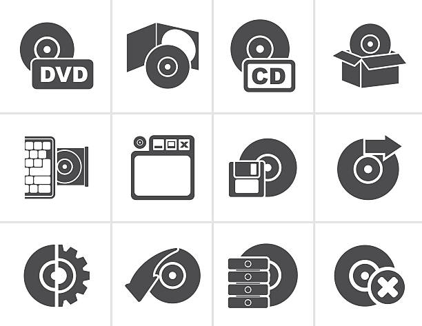 ilustrações de stock, clip art, desenhos animados e ícones de preto computador meios de comunicação e ícones de disco - computer software cd computer laptop