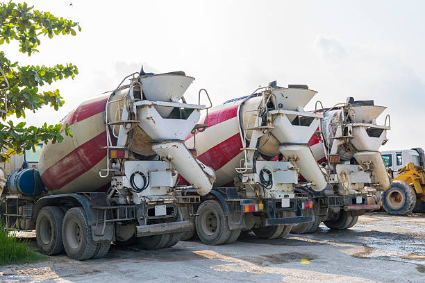 Heavy concrete truck on construction site against blue sky