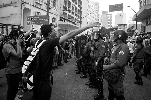 Sao Paulo, Sao Paulo, Brazil - June 19, 2022: Sao paulo police covering gay pride parade on top of observation podium