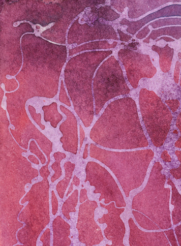 Hand painted watercolor and ink background. Shades of dark pin, purple and red are the prominent colors in this painting. There are squiggles from a resist technique throughout the painting.