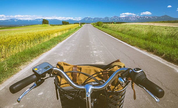 биэй patchwork на велосипеде по дороге через поле ячменя - barley grass field green стоковые фото и изображения