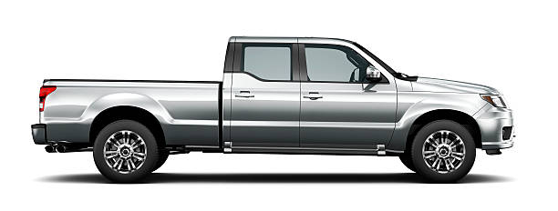 Generic silver pickup truck - side view Generic silver pickup truck isolated on white background pick up truck stock pictures, royalty-free photos & images