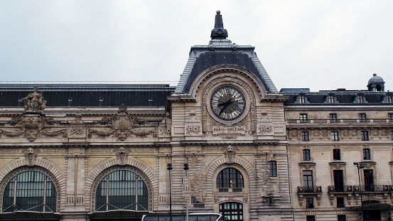 Ancient Clock On The Wall Of Famous Orsay Museum In Paris France,Europe