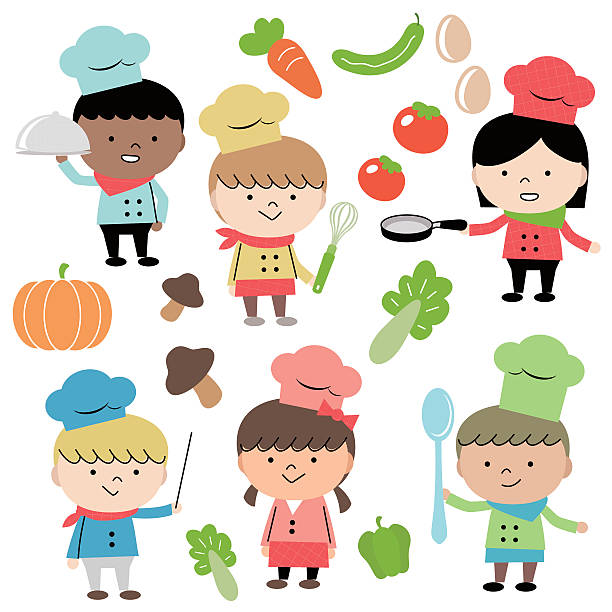ilustrações, clipart, desenhos animados e ícones de alegre grupo de multi étnica crianças chef de cozinha para crianças (de 6 - asian ethnicity chef fine dining creativity