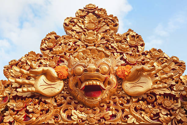 Barong - protective spirit and Bali island symbol, is featured in tourist attraction - traditional Balinese dance. Arts, religion and culture festivals of Indonesian people. Asian travel backgrounds.