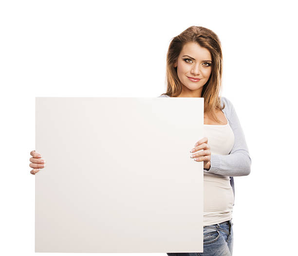 istock Woman with advertising banner 487960027