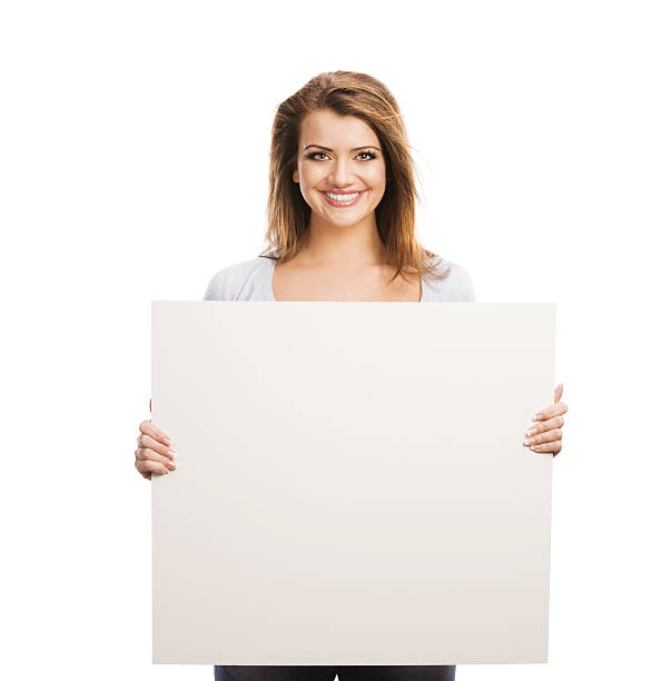 istock Woman with advertising banner 487960031