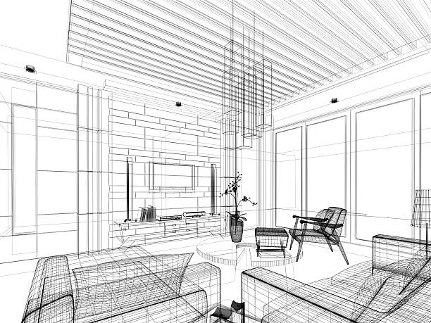 istock sketch design of living ,3dwire frame render 487961243