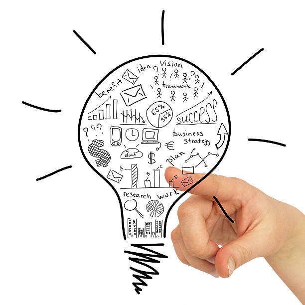 istock Hand pointing to the sketch bulbs 487961591