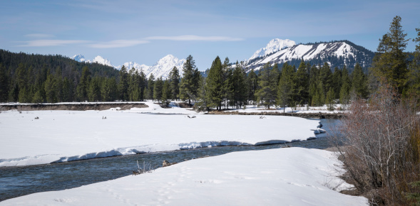 A panoramic view of the Pacific Creek and the Teton Mountains in Grand Teton National Park.