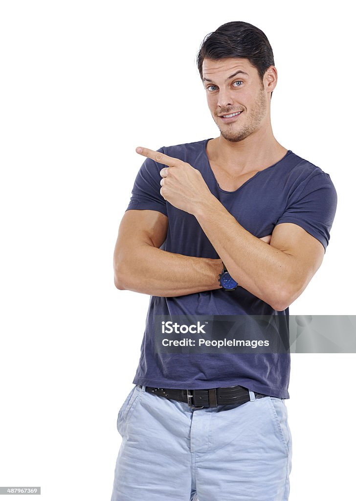 I think that's your best bet Studio portrait of a handsome young man pointing at copyspace isolated on white Advice Stock Photo