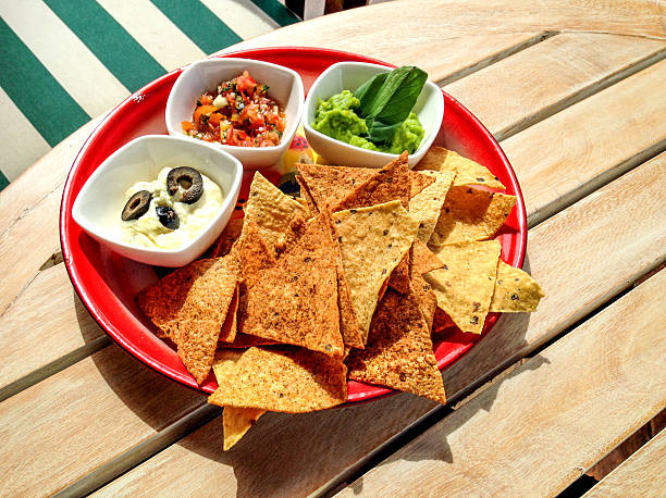 Nachos with guacamole, salsa and cheese creame