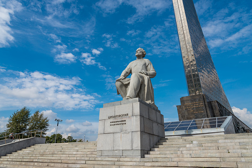 Moscow, Russia - September 6, 2015: Monument to the Conquerors of Space and statue of Konstantin Tsiolkovsky.