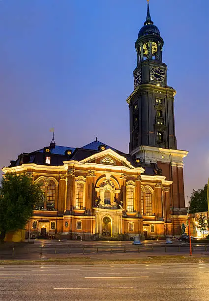 The famous St. Michaelis church in Hamburg at night