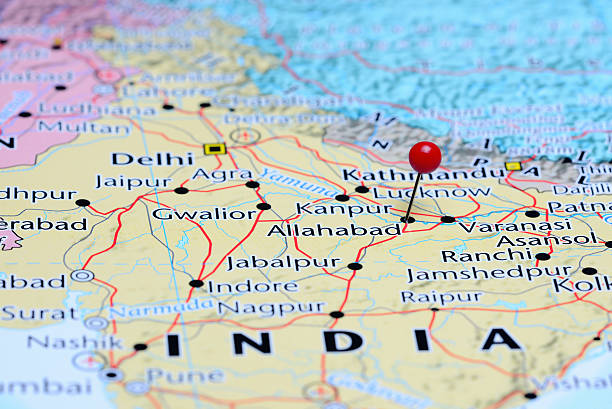 Allahabad pinned on a map of Asia Photo of pinned Allahabad on a map of Asia. May be used as illustration for traveling theme. prayagraj photos stock pictures, royalty-free photos & images