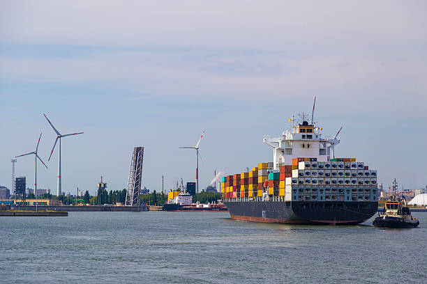 Huge container ship loaded with cranes in Antwerp container terminal Huge container ships being loaded with cranes in Antwerp container terminal stacker stock pictures, royalty-free photos & images