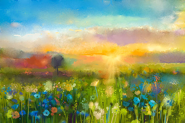 Oil painting  Sunset  meadow landscape with wildflower Oil painting  flowers dandelion, cornflower, daisy in fields. Sunset  meadow landscape with wildflower, hill and sky in orange and blue color background. Hand Paint summer floral Impressionist style blue sky sunset stock illustrations