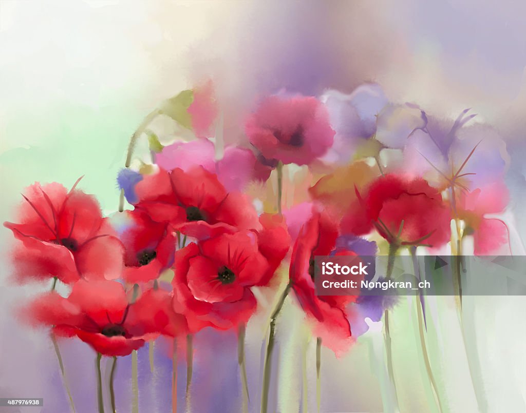 Watercolor red poppy flowers painting Watercolor red poppy flowers painting. Flower paint in soft color and blur style, Soft green and pupple background. Spring floral seasonal nature background Flower stock illustration