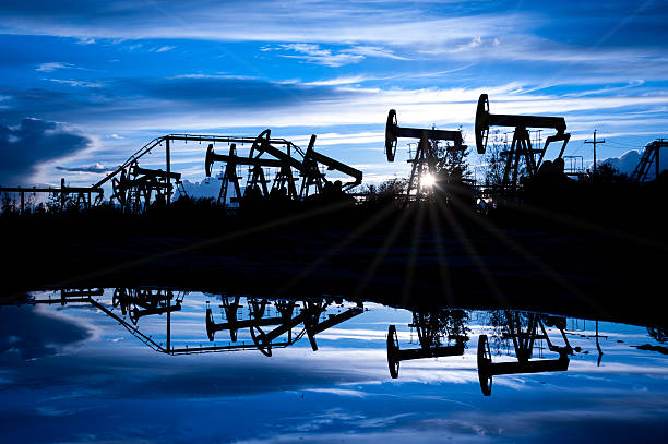 Oil pumps. Oil pump jacks group on a sunset sky background. Toned blue. wellhead stock pictures, royalty-free photos & images