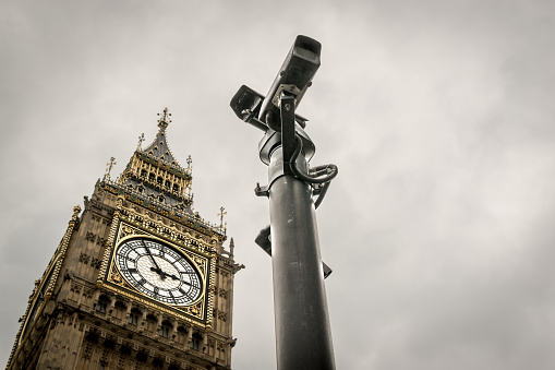 CCTV cameras dominate a view of Big Ben historical London Landmark with no people present