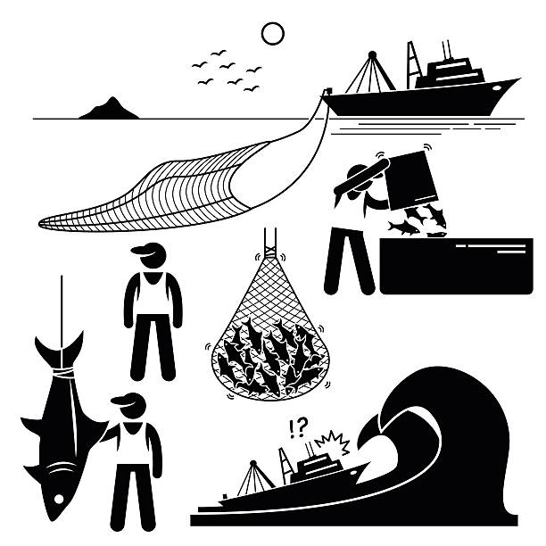 Fisherman Fishery Industry Industrial Pictogram Human pictogram stick figures showing the fishery industry with large boat and big net in the sea. It also shows the workers working in the ship and their ship is facing big ocean waves. business risk stock illustrations