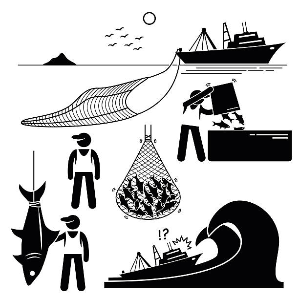 Fisherman Fishery Industry Industrial Pictogram Human pictogram stick figures showing the fishery industry with large boat and big net in the sea. It also shows the workers working in the ship and their ship is facing big ocean waves. fish trawler stock illustrations