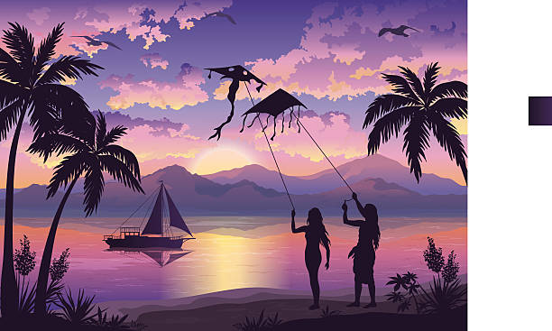 menschen mit drachen am tropischen strand - silhouette nautical vessel sea morning stock-grafiken, -clipart, -cartoons und -symbole