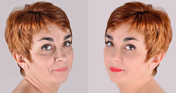istock Woman before and after applying make-up and computer retouching 487981540