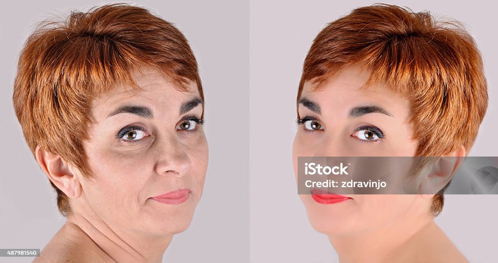 Woman before and after applying make-up and computer retouching A set of two portraits of the same woman, one before and the other after applying make-up and computer retouching  Comparison Stock Photo