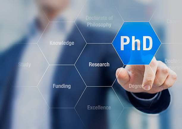 PhD student pushing button about Doctorate of Philosophy concept PhD student pushing button about Doctorate of Philosophy concept dissertation stock pictures, royalty-free photos & images