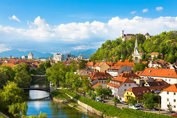 Cityscape of the Slovenian capital Ljubljana at sunset.