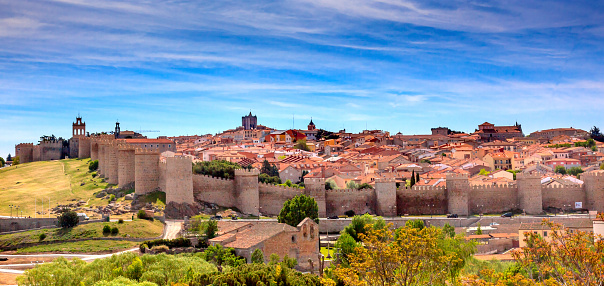 Panoramic cityscape of Toledo with Alcantara bridge over Tagus river, the city wall and the Alcazar. Castilla La Mancha, Spain