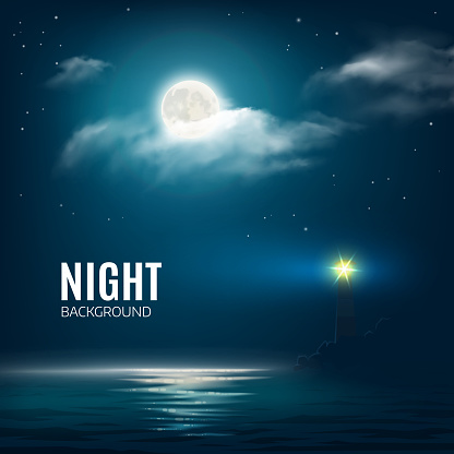 Night nature cloudy sky with stars, moon and calm sea with lighthouse. Vector illustration