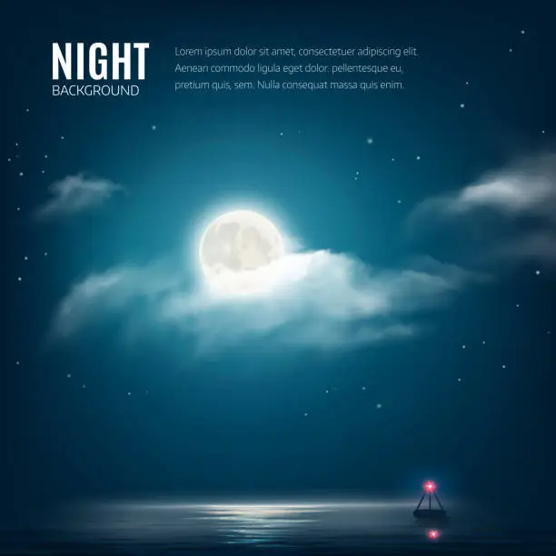 Vector illustration of Night nature background cloudy sky with stars, moon and sea