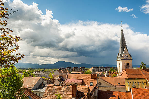 Panoramic view of residential district with a church tower stock photo