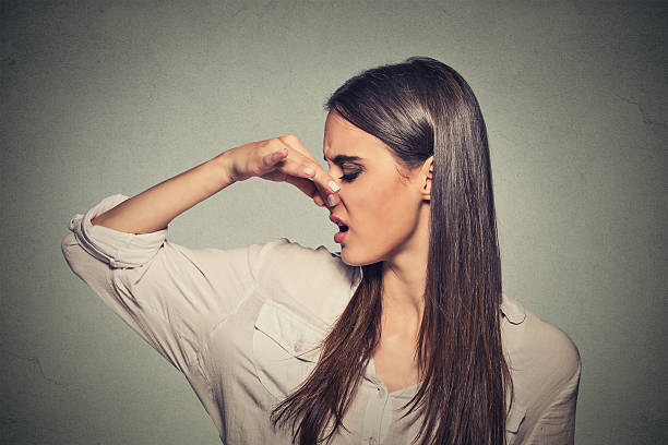 mujer pinches nariz espera con indignación algo maloliente - human nose smelling scented unpleasant smell fotografías e imágenes de stock